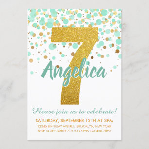 Glam 7:e Birthday Mint Grönt Guld Glitter Konfetti Inbjudningar