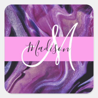Glam abstrakt lila shimmer-struktur rosa monogram fyrkantigt klistermärke