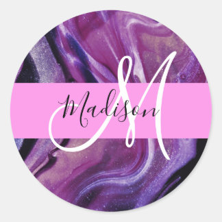 Glam abstrakt lila shimmer-struktur rosa monogram runt klistermärke
