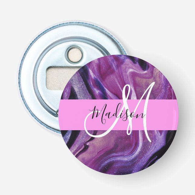 Glam abstrakt lila skimrande textur rosa monogram flasköppnare (Framsidan)