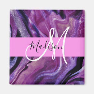 Glam abstrakt lila skimrande textur rosa monogram magnet