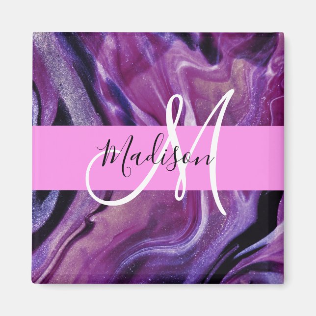 Glam abstrakt lila skimrande textur rosa monogram magnet (Framsidan)
