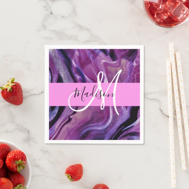 Glam abstrakt lila skimrande textur rosa monogram pappersservett (Insitu)