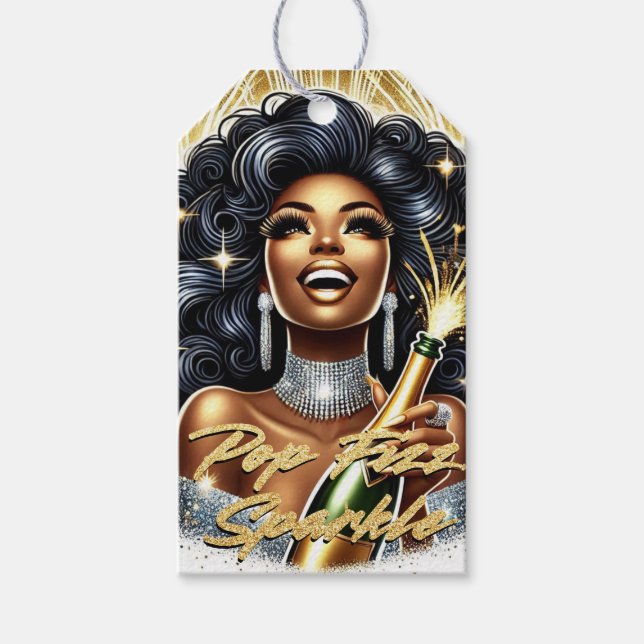 Glam African American Woman Birthday/NYE Presentetikett (Framsidan)