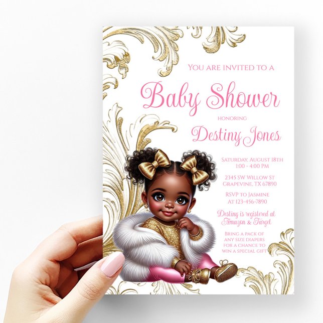 Glam Afro Flicka Rosa Guld Baby Shower Inbjudningar (Skapare uppladdad)