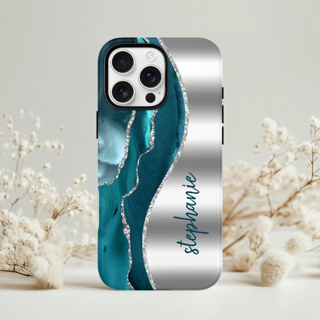 Glam Agat Geod Metallisk Silver Teal Namn (Skapare uppladdad)