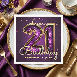 Glam Amethyst Purple Crystal Gold 21st Birthday Pappersservett