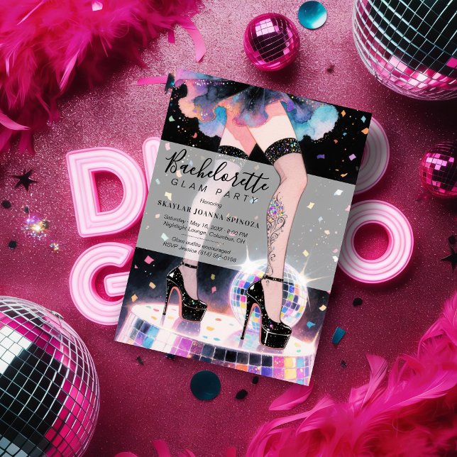 Glam and Funny Go-go Dancing Disco Bachelorette Inbjudningar (Glam and Funny Showgirl Dancing Disco Wedding Bachelorette Party Invitations Cards.)