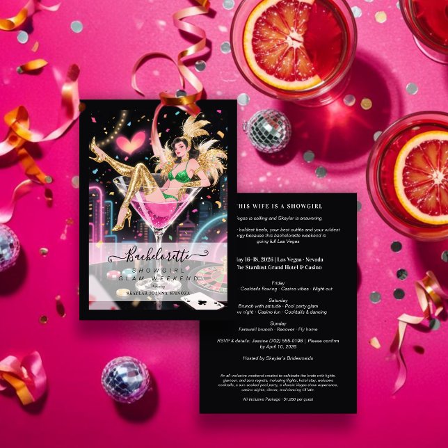 Glam and Funny Showgirl Cocktail Glass Wedding Inbjudningar (Glam and Funny Showgirl Inside Cocktail Glass Wedding Bachelorette Weekend Invitations Cards.)