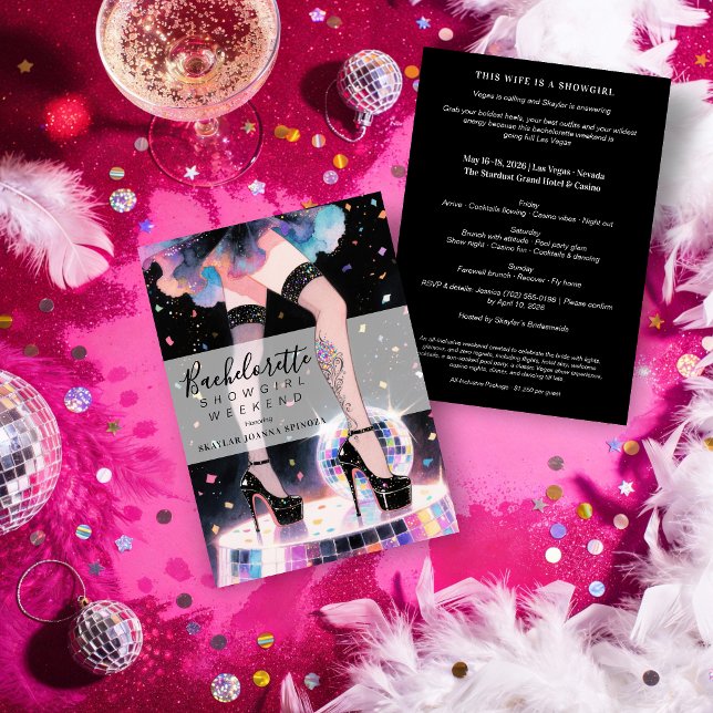 Glam and Funny Showgirl Dancing Disco Bachelorette Inbjudningar (Glam and Funny Showgirl Dancing Disco Wedding Bachelorette Weekend Invitations Cards. )