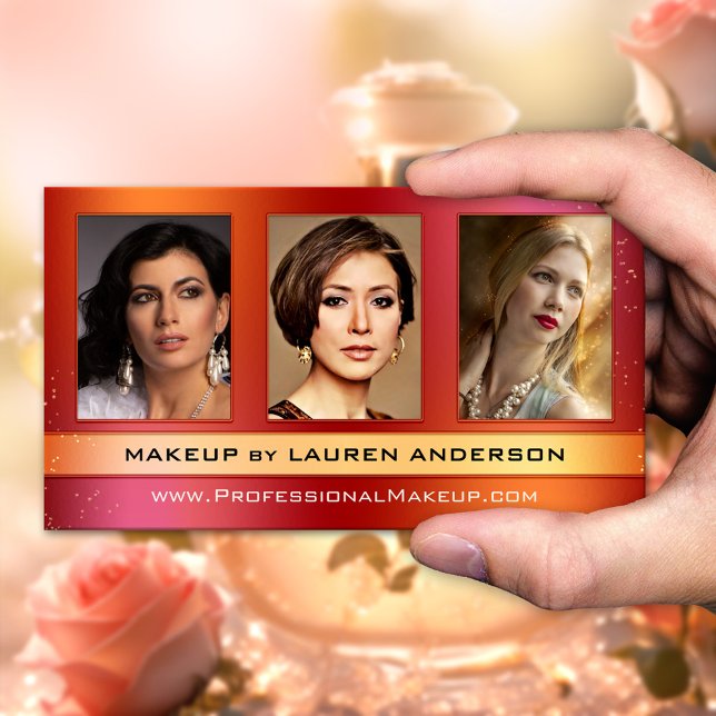 Glam anpassade foton portfölj smink affärs kort (Beauty business card featuring a photo portfolio on a colorful red orange glitter design)
