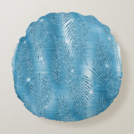 Glam Aqua Blue Tropical Glitter Lövs Rund Kudde