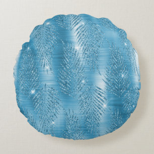 Glam Aqua Blue Tropical Glitter Lövs Rund Kudde