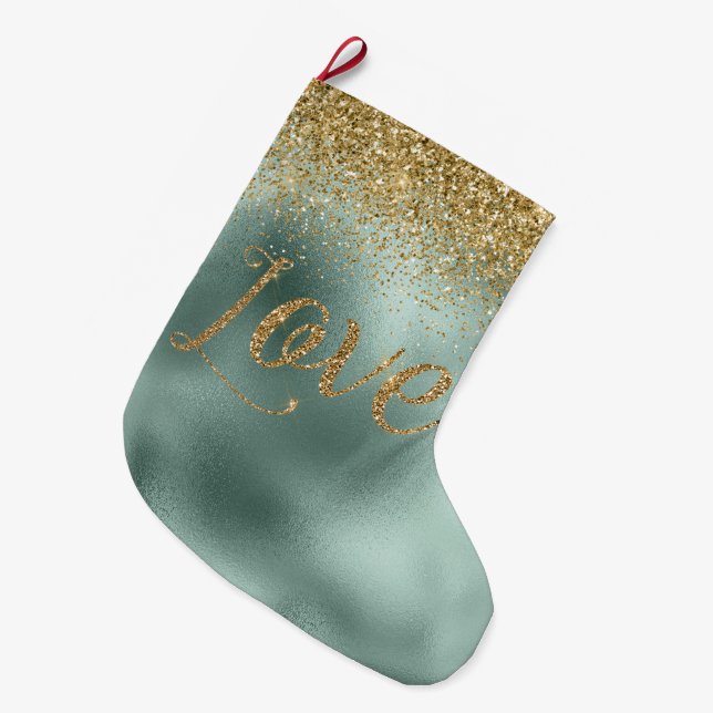 Glam Aqua Grönt Guld Glitter Kärlek Stor Julstrumpa (Framsidan (Hängande))