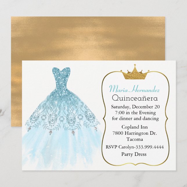 Glam Aquamarine Gown Quinceañera-inbjudan Inbjudningar (Fram/baksida)