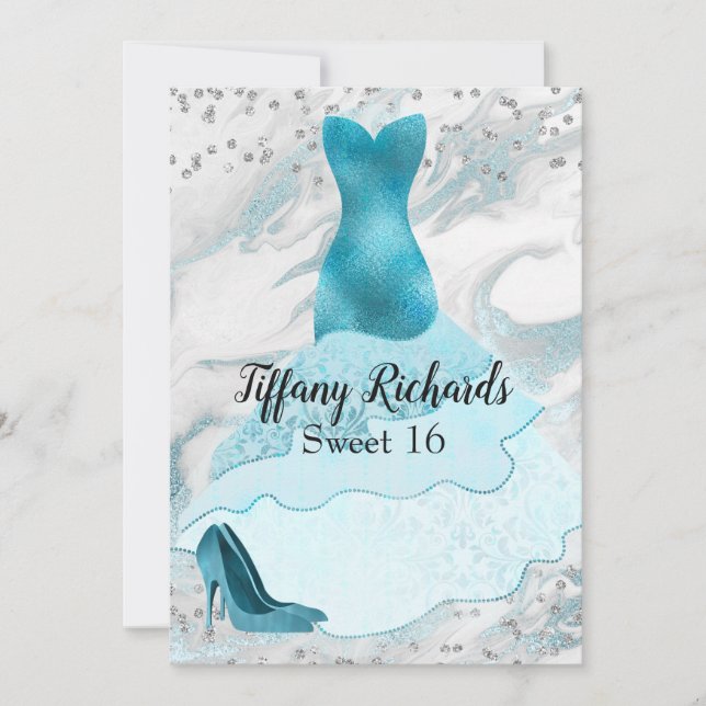 Glam Aquamarine Gown Sweet 16 Inbjudan (Framsida)