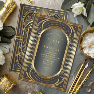 Glam Art Deco Bröllop Black/Guld ID1033 Inbjudningar