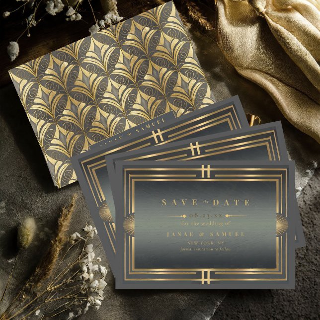 Glam Art Deco Bröllop Black/Guld ID1033 Spara Datumet (Skapare uppladdad)