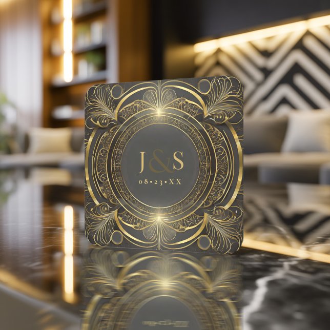 Glam Art Deco Bröllop V3 ID1033 Underlägg Papper Kvadrat (Skapare uppladdad)