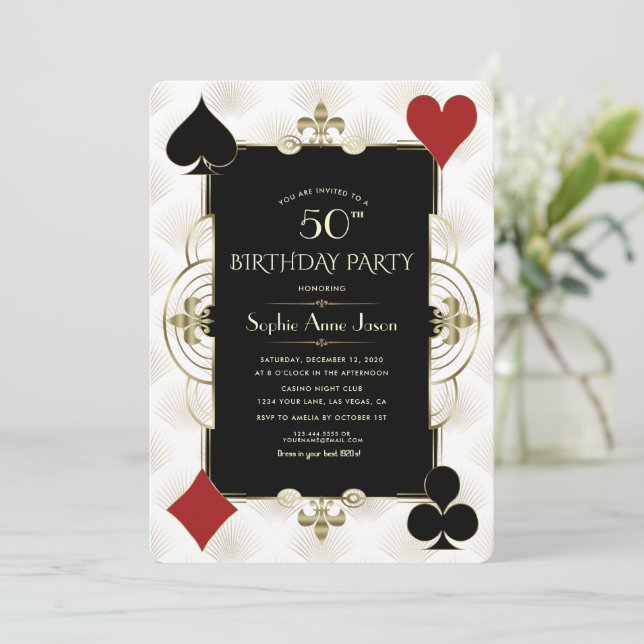 Glam Art Deco Casino Royale Poker Woman Birthday Inbjudningar (Stående Fram)