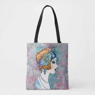 Glam Art Deco Flapper Girl Grått Teal Ro Namn Tygkasse