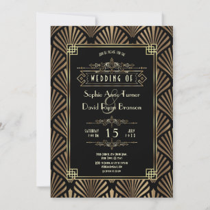 Glam Art Deco Guld Black Gatsby 20:e Bröllop Inbjudningar