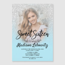 Glam Baby blue och Glitter Sweet 16 Photo Inbjudan