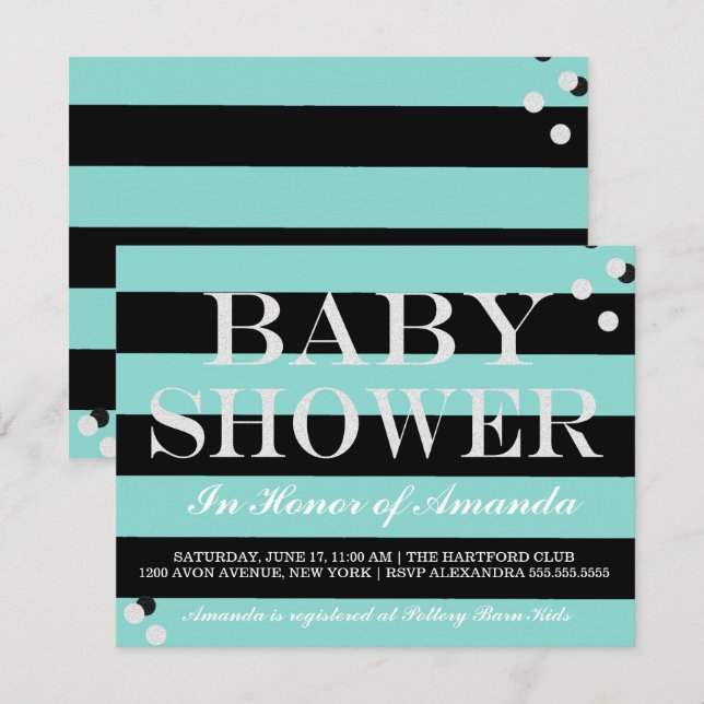 Glam BABY Teal Blue & Silver Sprinkle Shower Party Inbjudningar (Fram/baksida)