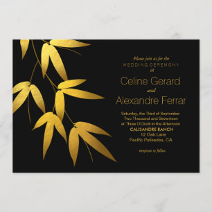Glam Bamboo Löv Gold Foil Bröllop Svart Inbjudningar