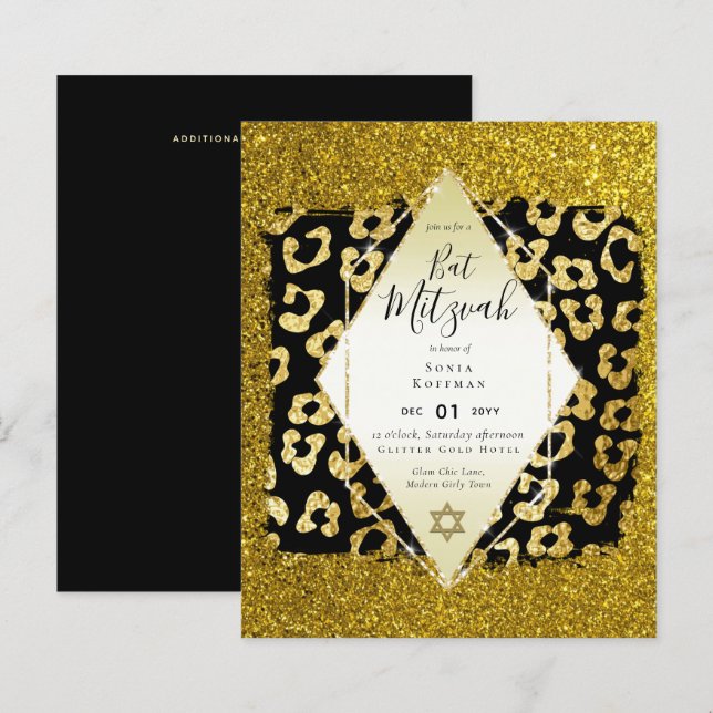 Glam BAT MITZVAH Girly GULD Glitter-djurutskrift (Fram/baksida)