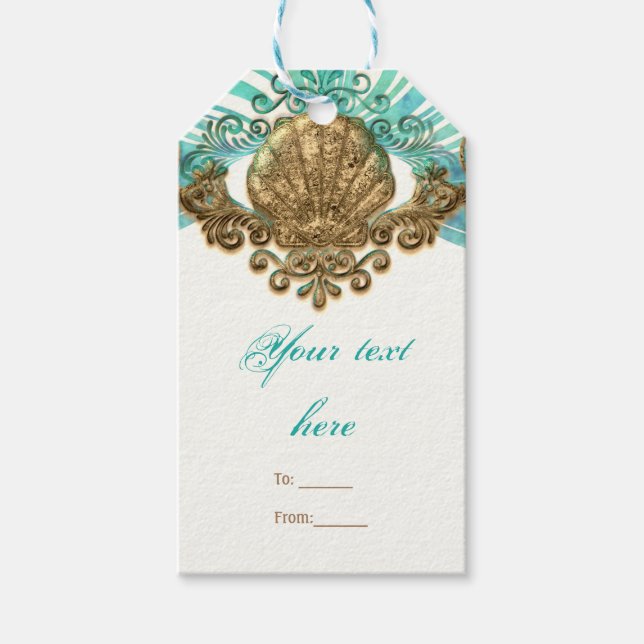 Glam Beach-partiets Snäcka för guld & Teal Sea  Presentetikett (Framsidan)