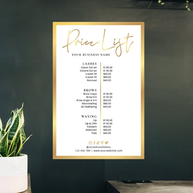 Glam Beauty Lash Faux Guld Pris List Poster (Elegant faux gold and white price list of services poster)