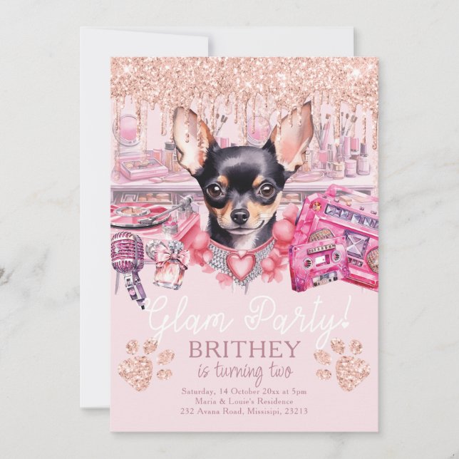 Glam Birthday Elegant Hund Glitter Inbjudningar (Framsida)
