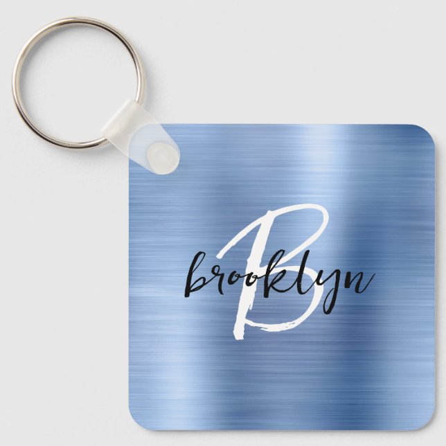 Glam blå borstad metallmonogram  nyckelring (Framsida)