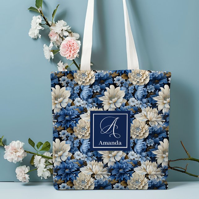 Glam Blå Elfenbensfärgade Blommor Anpassad Namn Ha Tygkasse (Glam Blue Ivory Flowers Custom Name Tote Bag)