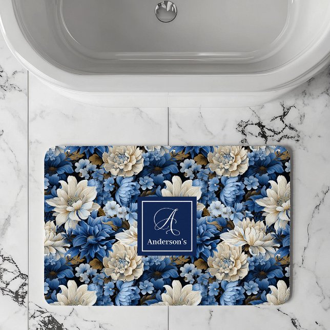 Glam Blå Elfenbensfärgade Blommor Anpassat Namn Ba Badrumsmatta (Glam Blue Ivory Flowers Custom Name Bath Mat)