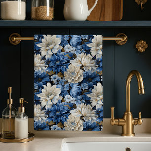 Glam Blå Elfenbensvit Blommig Lyxig Kökshandduk