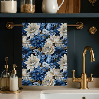 Glam Blå Elfenbensvit Blommig Lyxig Kökshandduk