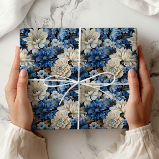 Glam blå elfenbensvit blomsterpresentinslagspapper presentpapper