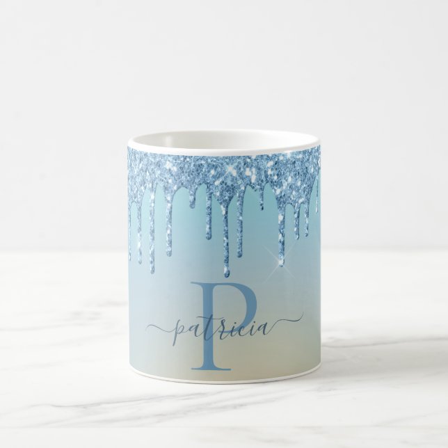 Glam Blå Glitterdroppar Elegant Monogram  Kaffemugg (Center)