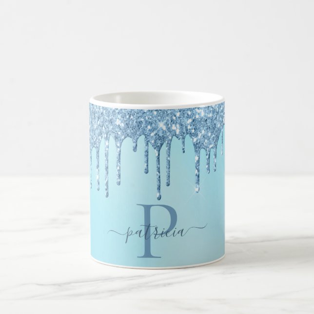 Glam Blå Glitterdroppar Elegant Monogram  Kaffemugg (Center)