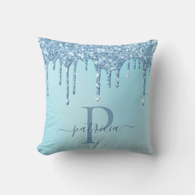 Glam Blå Glitterdroppar Elegant Monogram Kastkudde Kudde (Framsida)