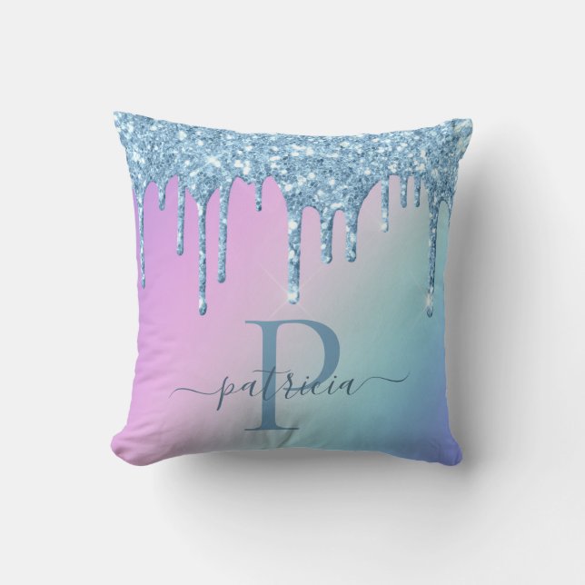 Glam Blå Glitterdroppar Elegant Monogram   Kudde (Framsida)