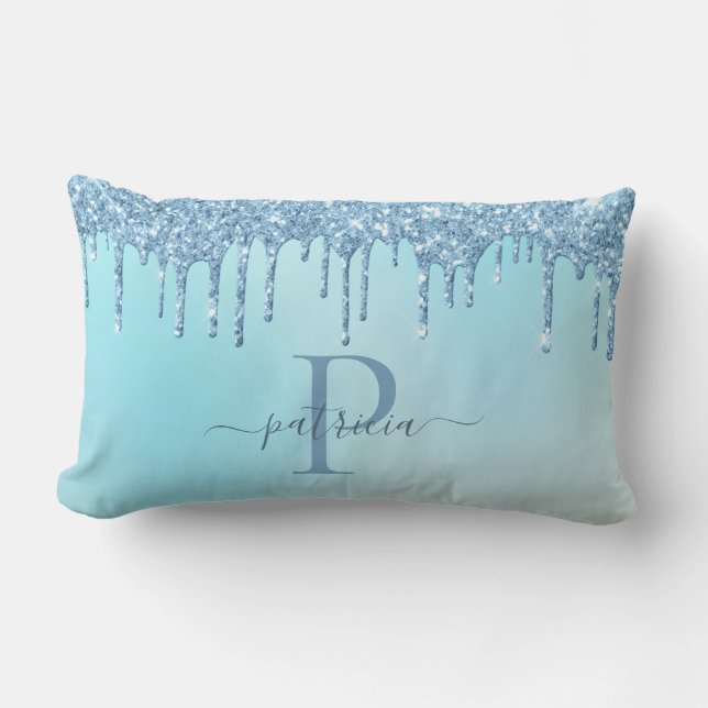 Glam Blå Glitterdroppar Elegant Monogram  Ländkudd Lumbarkudde (Framsida)