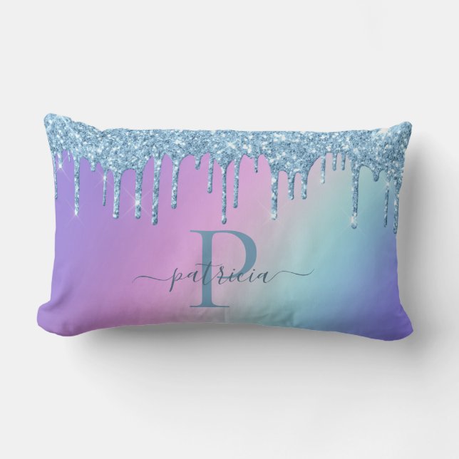 Glam Blå Glitterdroppar Elegant Monogram Lumbarkudde (Framsida)