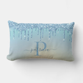Glam Blå Glitterdroppar Elegant Monogram Lumbarkudde