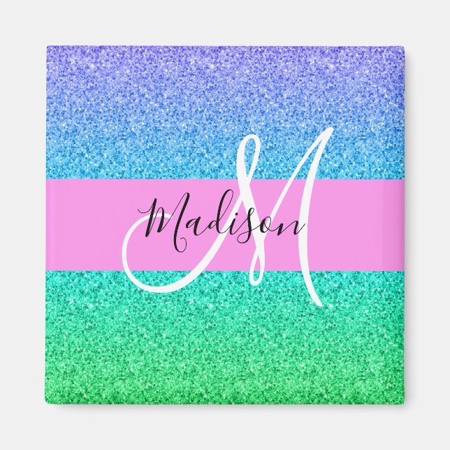 Glam Blå Grön Glitter Glans Gradient Monogram Magnet (Framsidan)