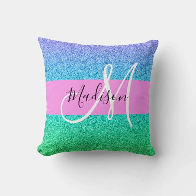 Glam Blå Grön Glitter Gnista Gradient Monogram Kudde (Framsida)