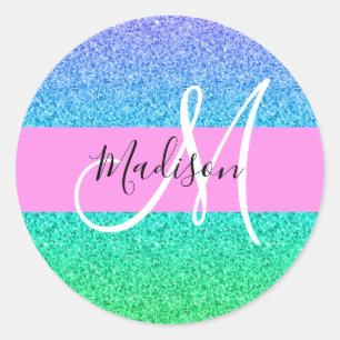 Glam Blå Grön Glitter Gnista Gradient Monogram Runt Klistermärke
