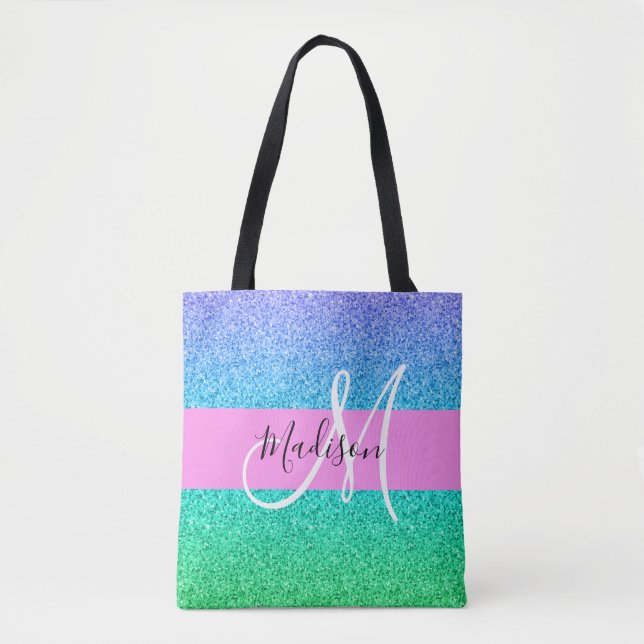 Glam Blå Grön Glitter Gnista Gradient Monogram Tygkasse (Framsida)